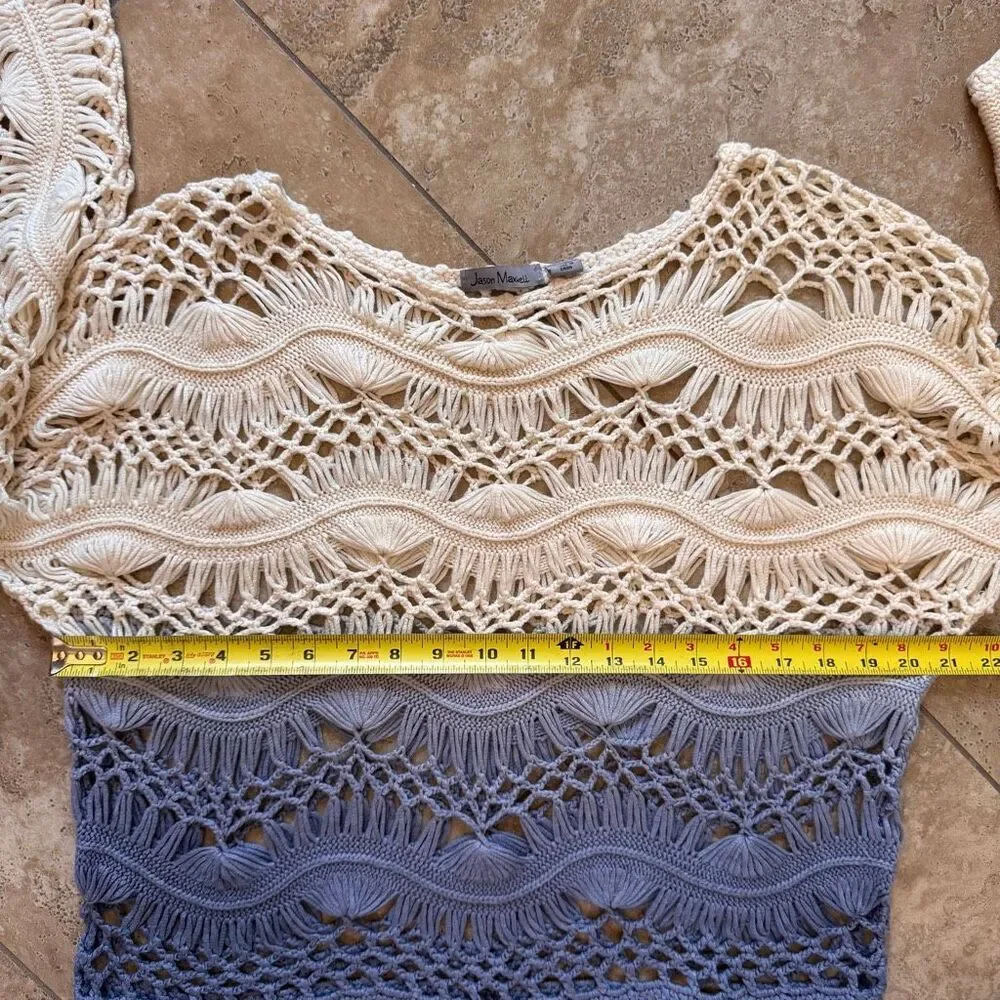 Jason Maxwell Crochet Top Large Beachy Boho Ombre Ivory Blue Vacation Coverup - Picture 9 of 10